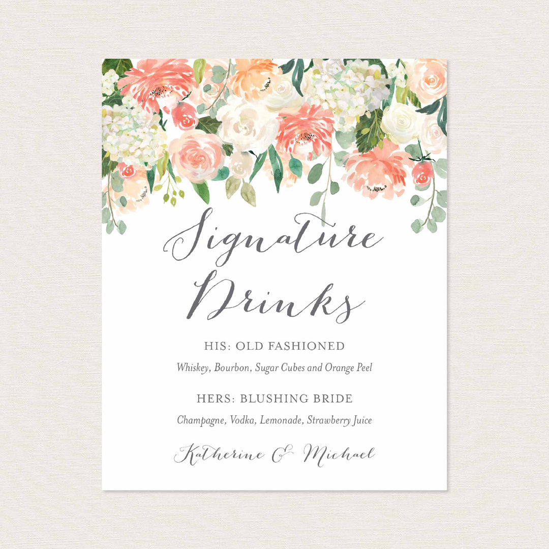 Peach and Cream Wedding Signature Drinks Sign Printable