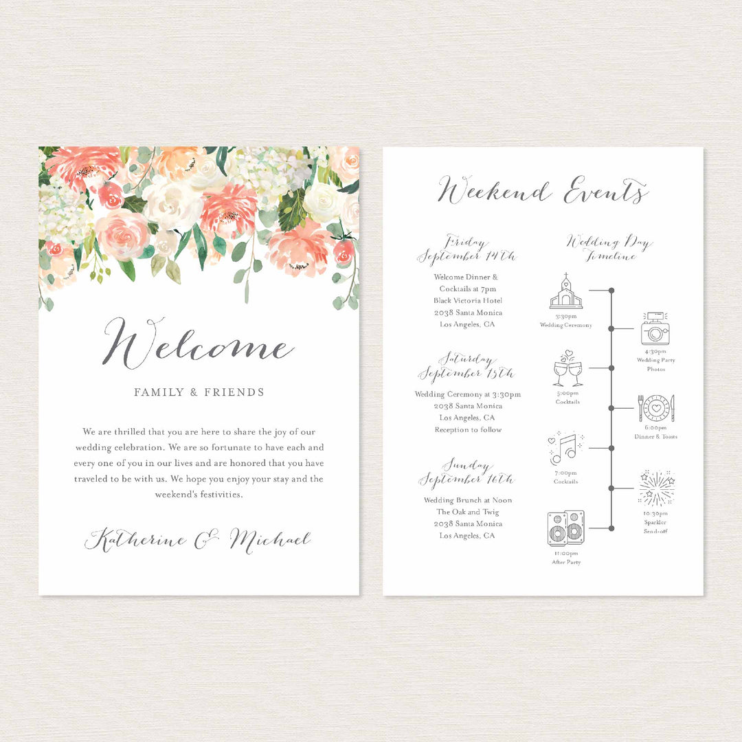 Peach and Cream Wedding Welcome Bag Letter and Timeline or Itineraries Printable