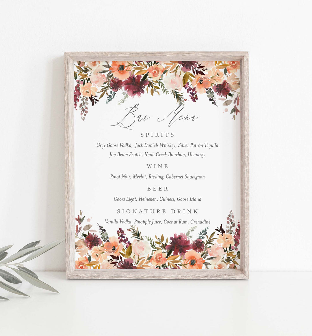 Romance Blush Wedding Bar Menu Sign Printable