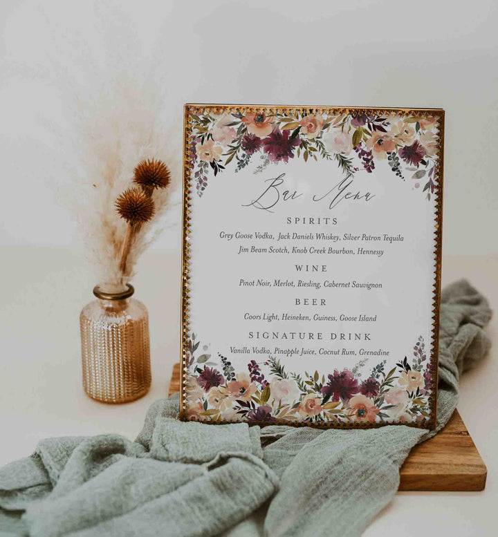 Romance Blush Wedding Bar Menu Sign Printable