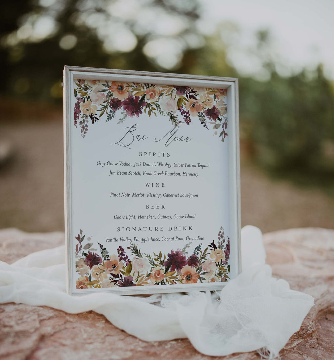 Romance Blush Wedding Bar Menu Sign Printable