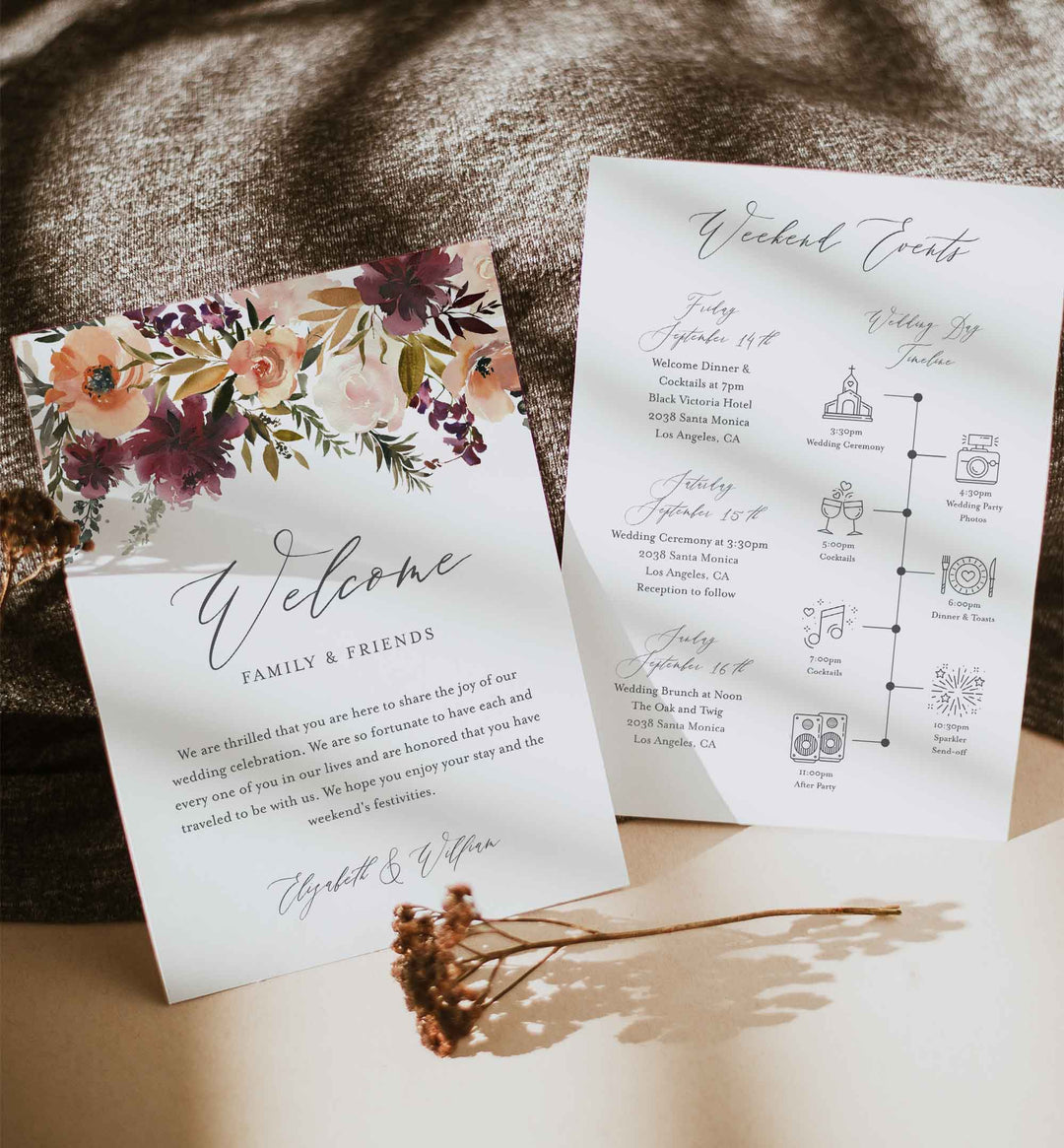 Romance Blush Wedding Welcome Bag Letter and Timeline or Itineraries Printable