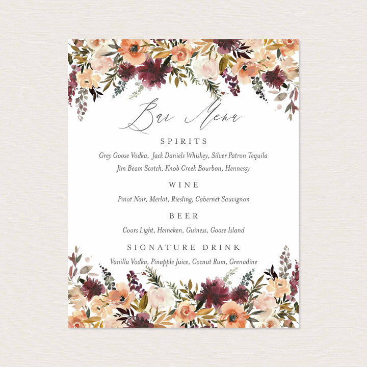 Romance Blush Wedding Bar Menu Sign Printable