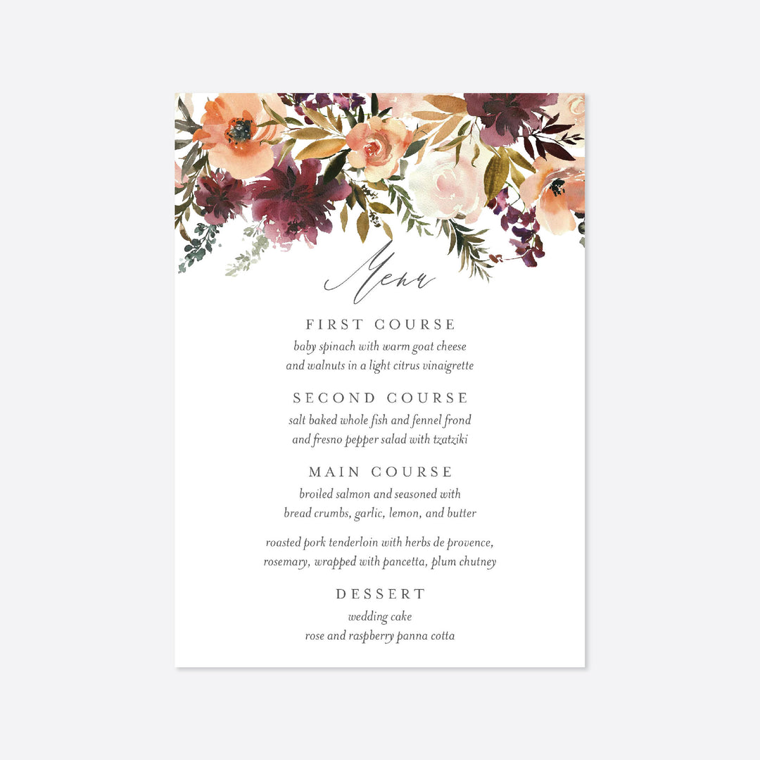 Romance Blush Wedding Menu Card Printable