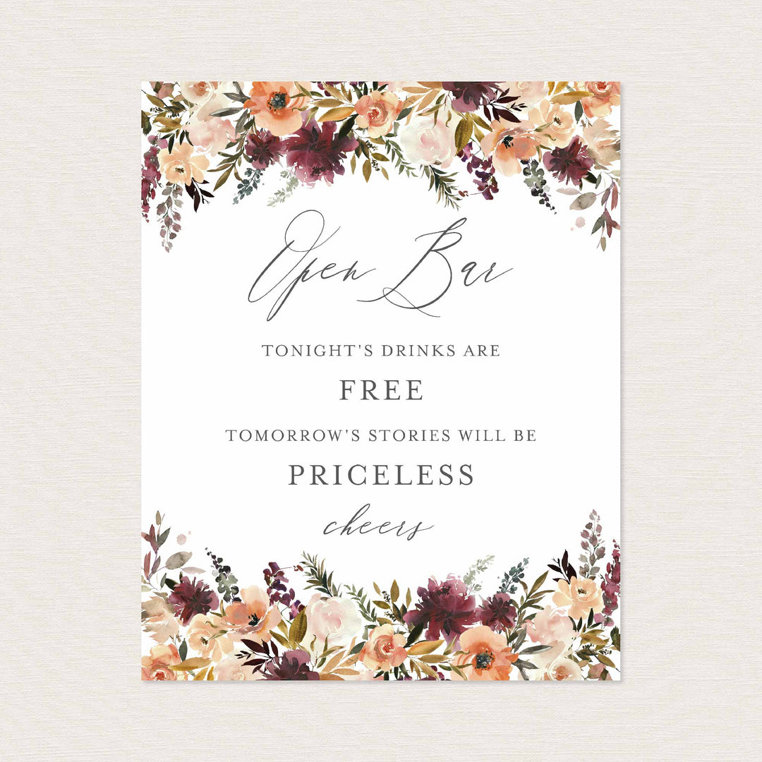 Romance Blush Wedding Open Bar Sign Printable