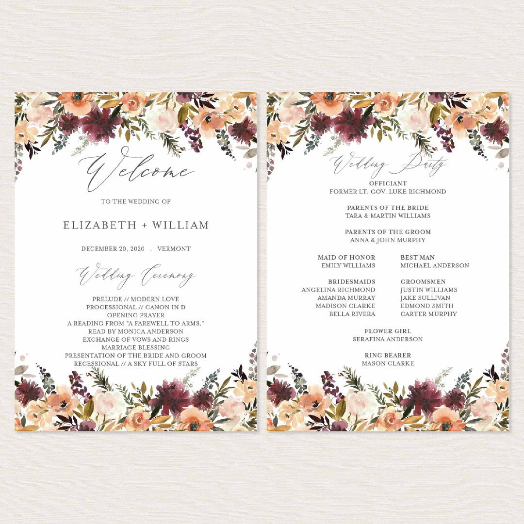 Romance Blush Fan Wedding Program Printable