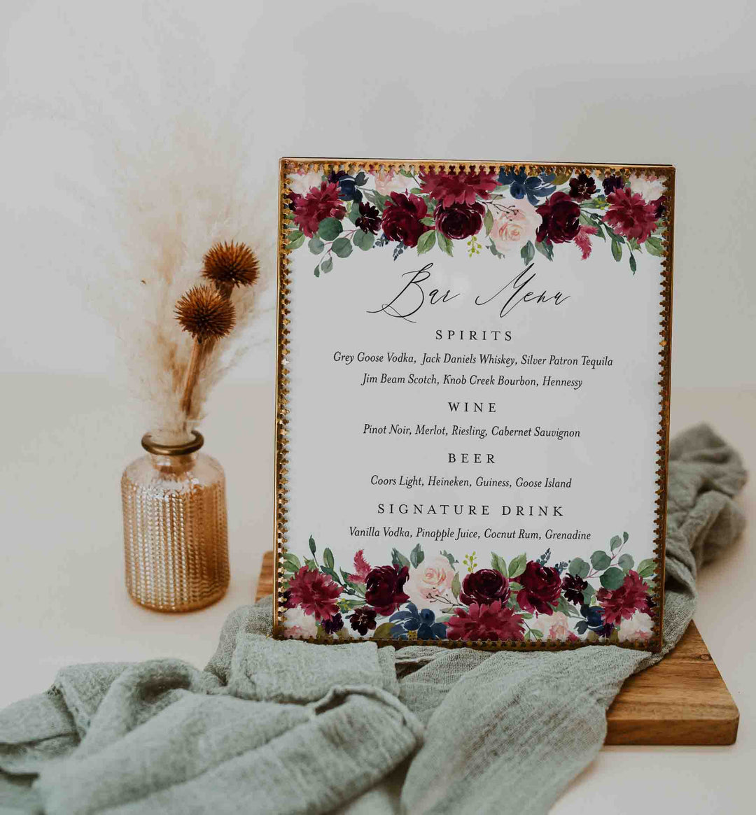 Burgundy Navy Wedding Bar Menu Sign Printable