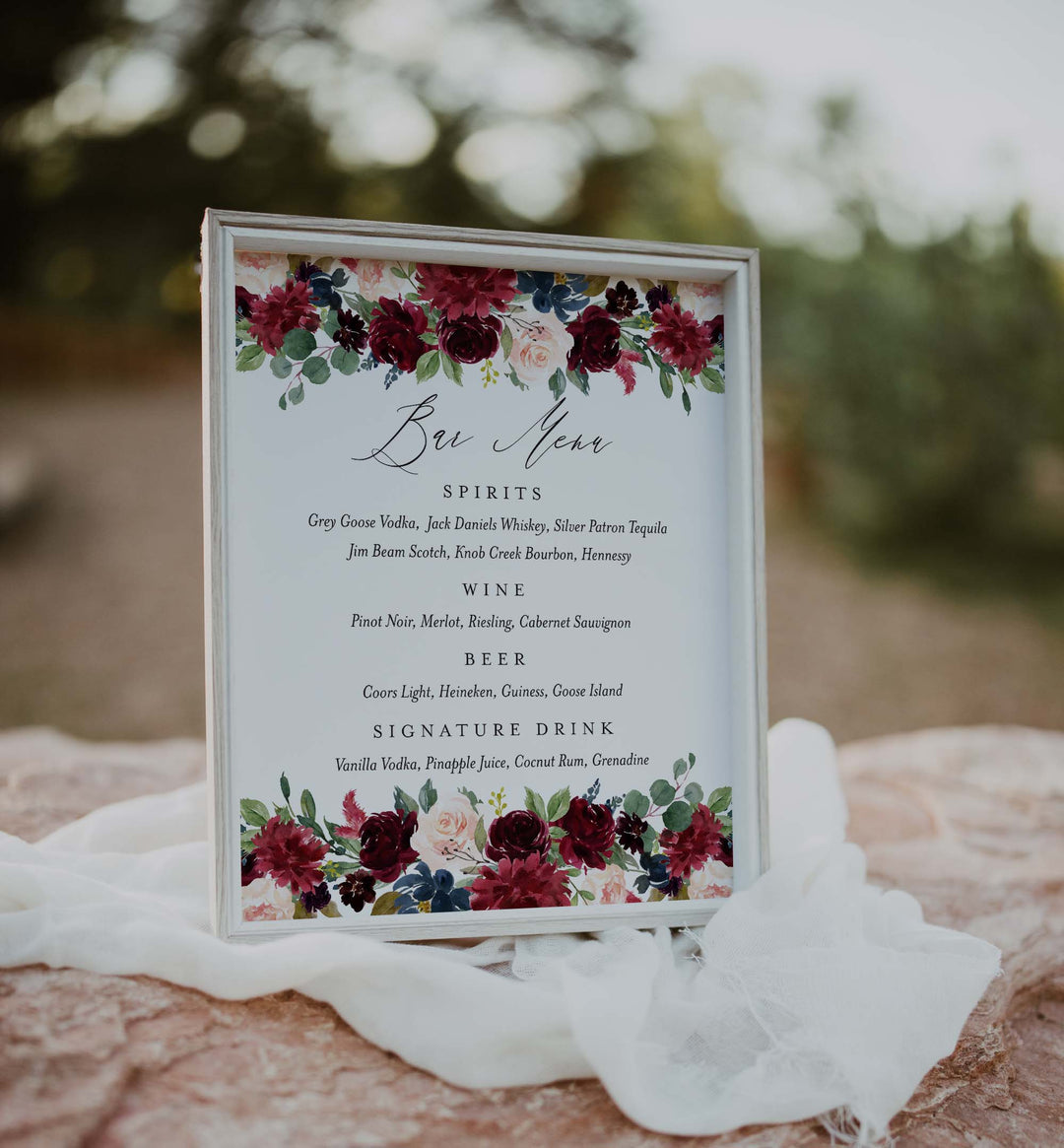 Burgundy Navy Wedding Bar Menu Sign Printable