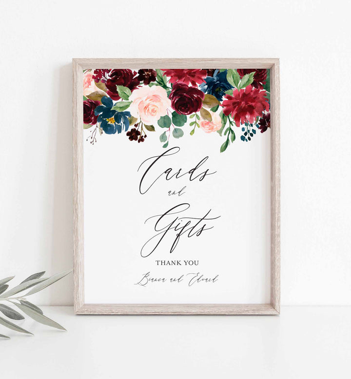 Burgundy Navy Wedding Cards and Gifts Sign Printable