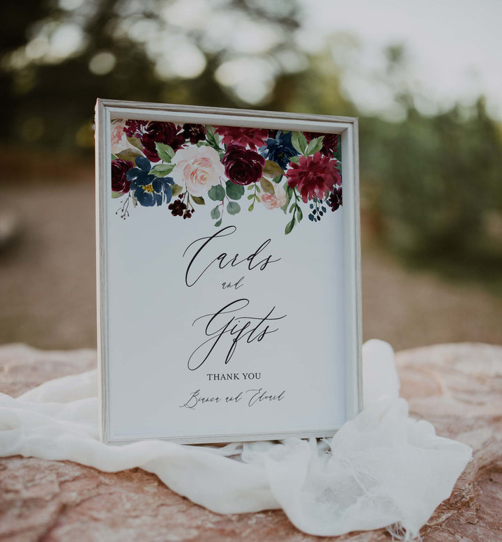 Burgundy Navy Wedding Cards and Gifts Sign Printable