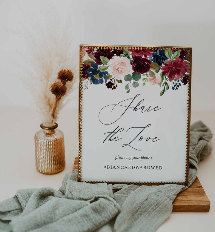 Burgundy Navy Wedding Hashtag Sign Printable