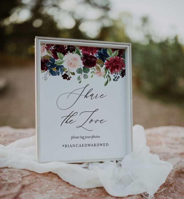 Burgundy Navy Wedding Hashtag Sign Printable