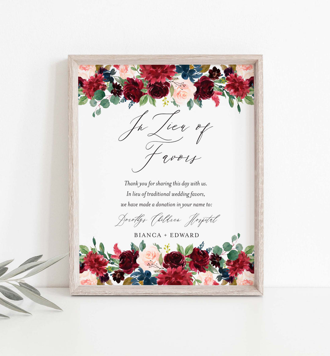 Burgundy Navy Wedding In Lieu Of Favours Sign Printable