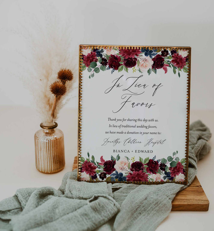 Burgundy Navy Wedding In Lieu Of Favours Sign Printable