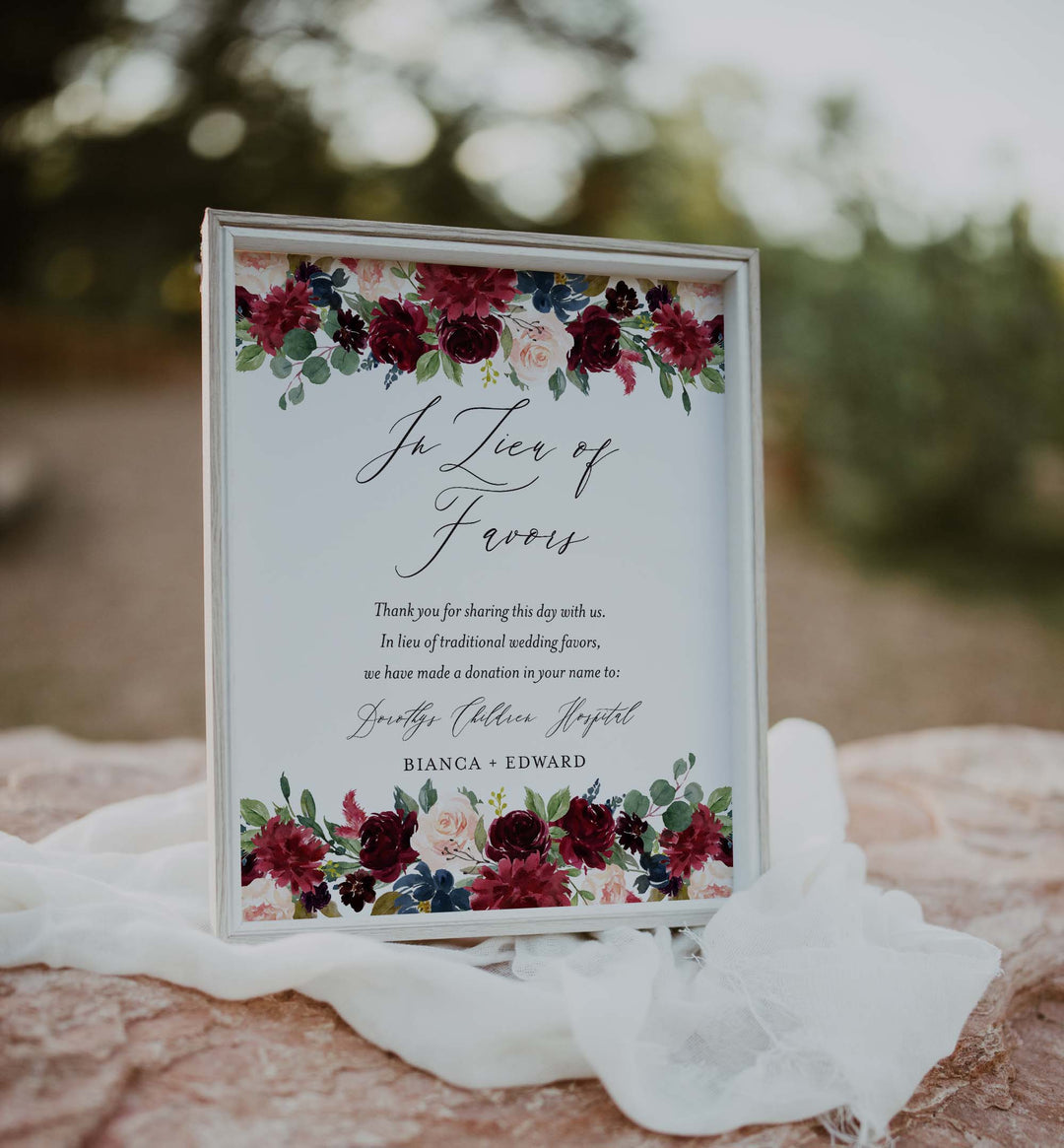 Burgundy Navy Wedding In Lieu Of Favours Sign Printable