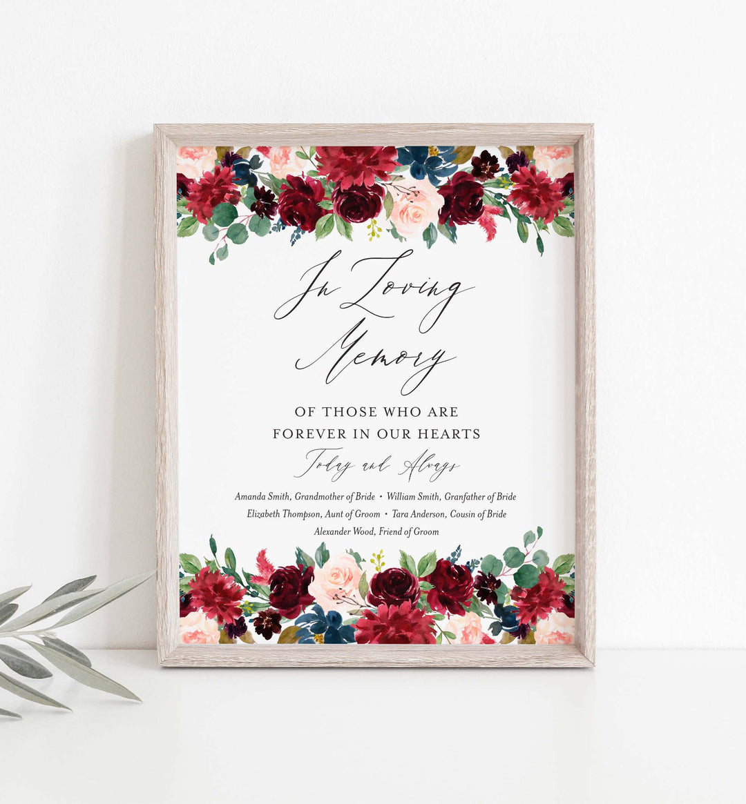 Burgundy Navy Wedding In Loving Memory Sign Printable