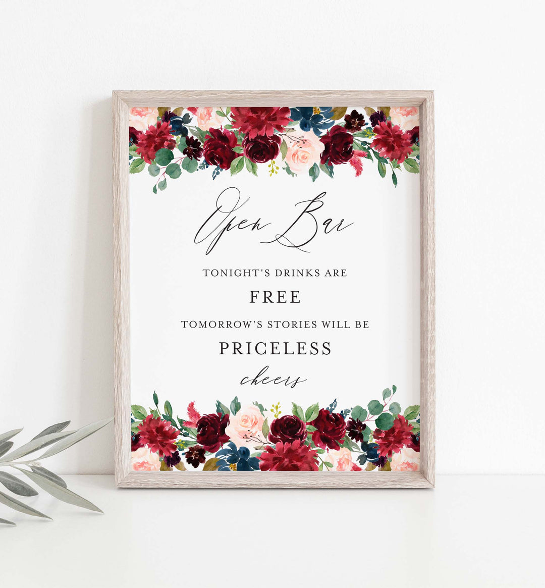 Burgundy Navy Wedding Open Bar Sign Printable