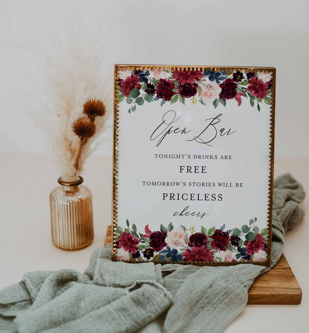 Burgundy Navy Wedding Open Bar Sign Printable
