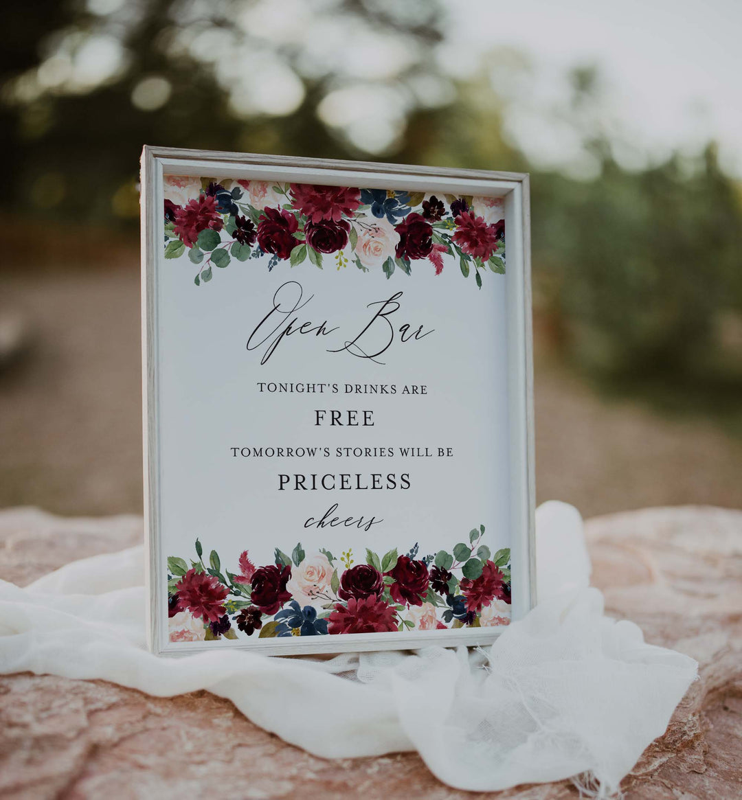 Burgundy Navy Wedding Open Bar Sign Printable