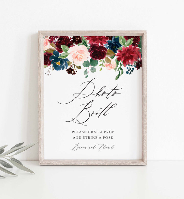 Burgundy Navy Wedding Photo Booth Sign Printable