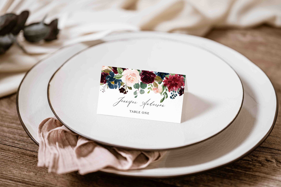 Burgundy Navy Wedding Place Card Printable