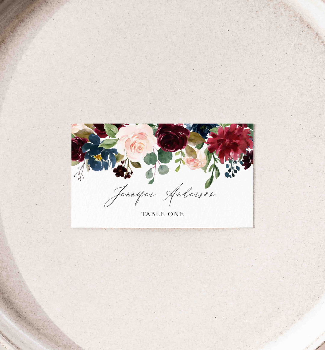 Burgundy Navy Wedding Place Card Printable