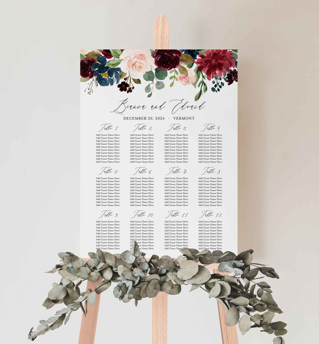 Burgundy Navy Wedding Seating Chart Sign Printable