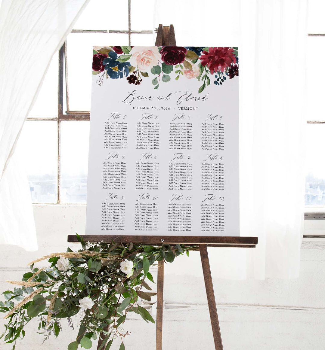 Burgundy Navy Wedding Seating Chart Sign Printable
