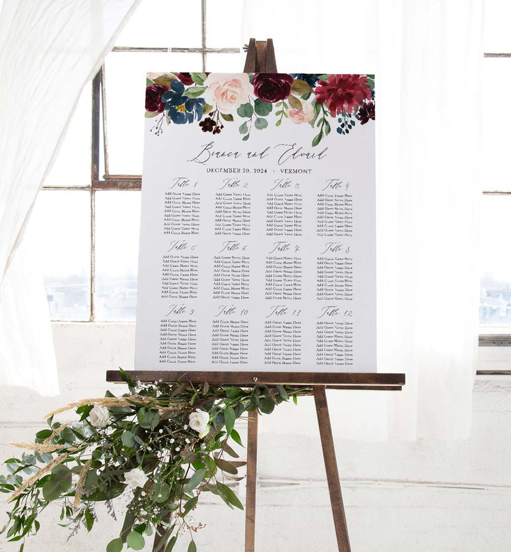 Burgundy Navy Wedding Seating Chart Sign Printable