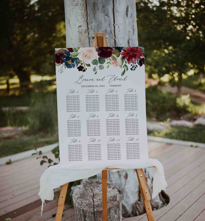Burgundy Navy Wedding Seating Chart Sign Printable