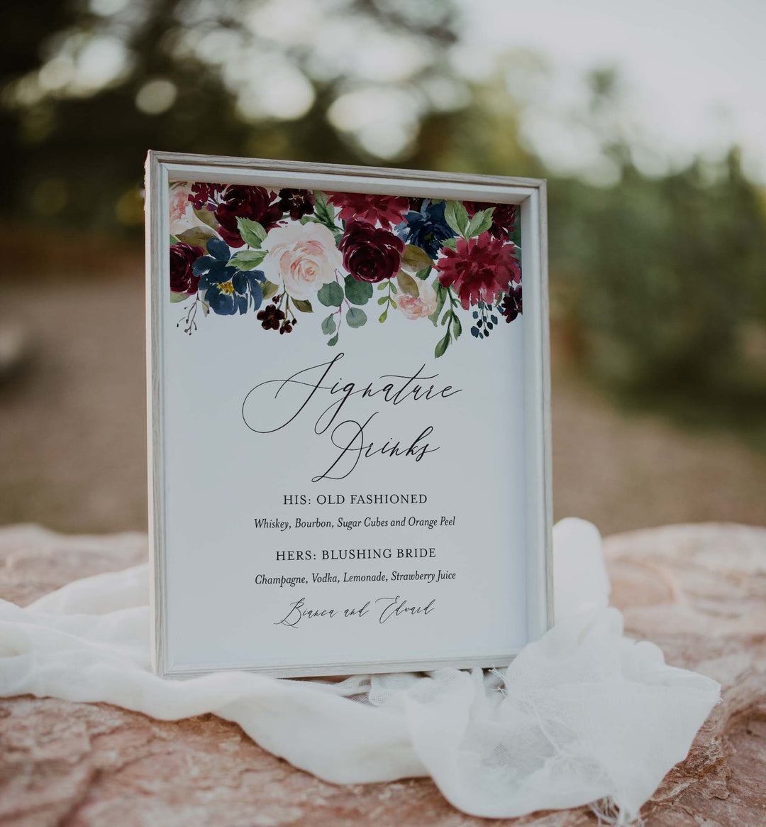 Burgundy Navy Wedding Signature Drinks Sign Printable