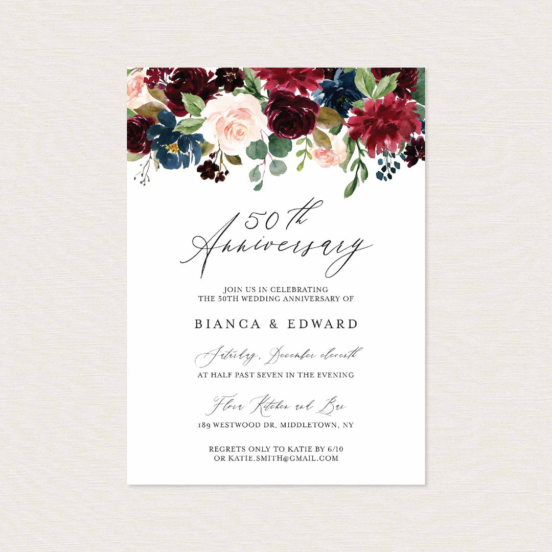 Burgundy Navy Wedding Anniversary Invitation Printable