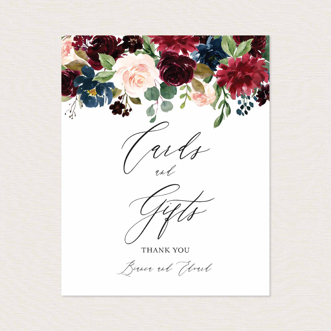 Burgundy Navy Wedding Cards and Gifts Sign Printable