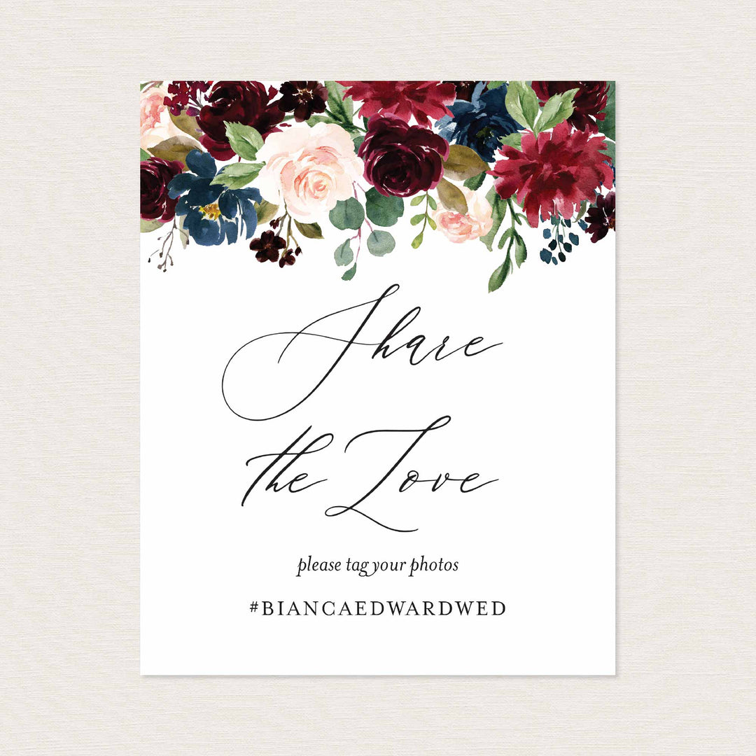 Burgundy Navy Wedding Hashtag Sign Printable