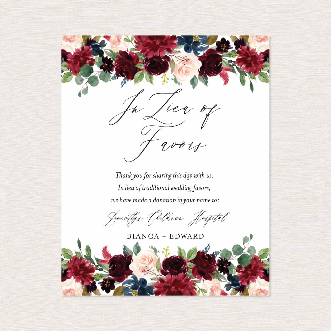 Burgundy Navy Wedding In Lieu Of Favours Sign Printable