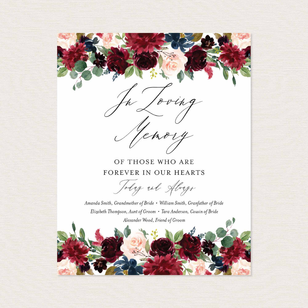 Burgundy Navy Wedding In Loving Memory Sign Printable