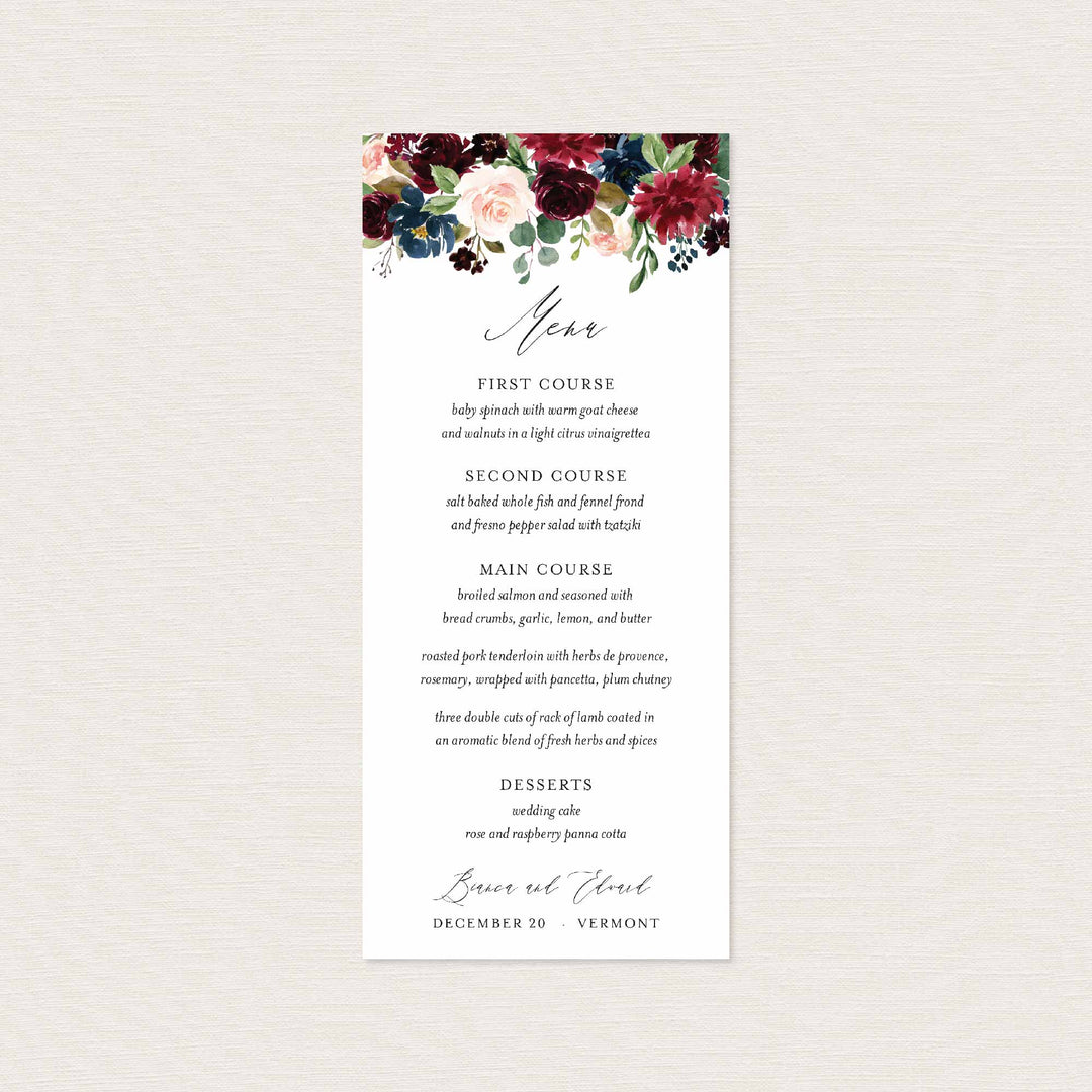 Burgundy Navy Wedding Menu Card Printable