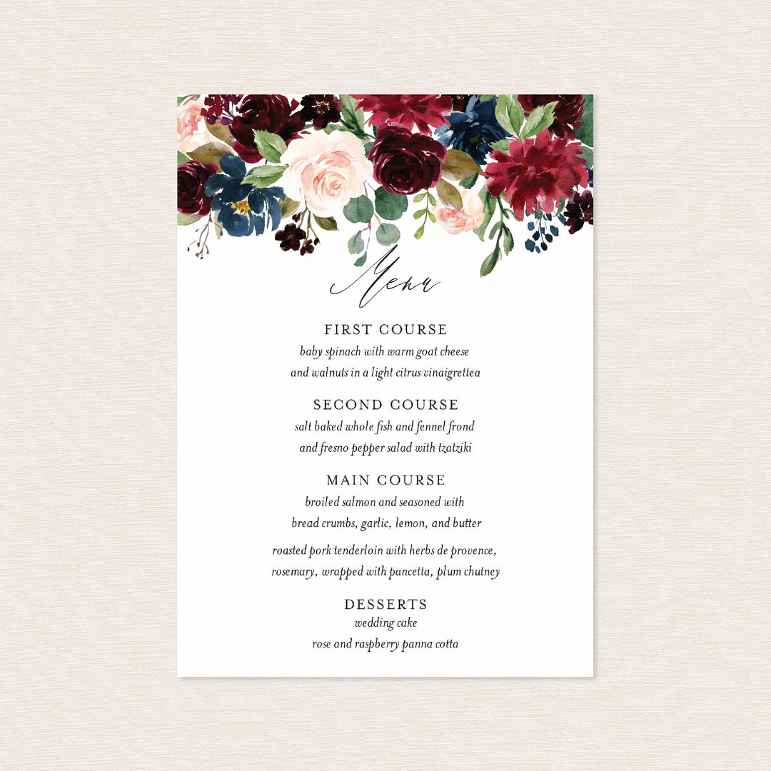 Burgundy Navy Wedding Menu Card Printable