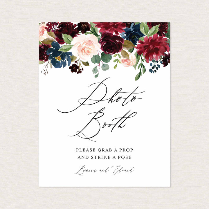 Burgundy Navy Wedding Photo Booth Sign Printable