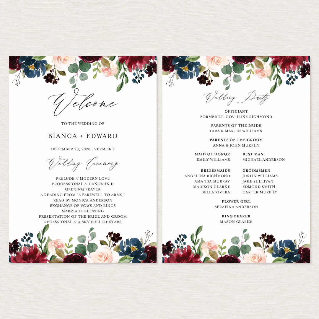 Burgundy Navy Fan Wedding Program Printable