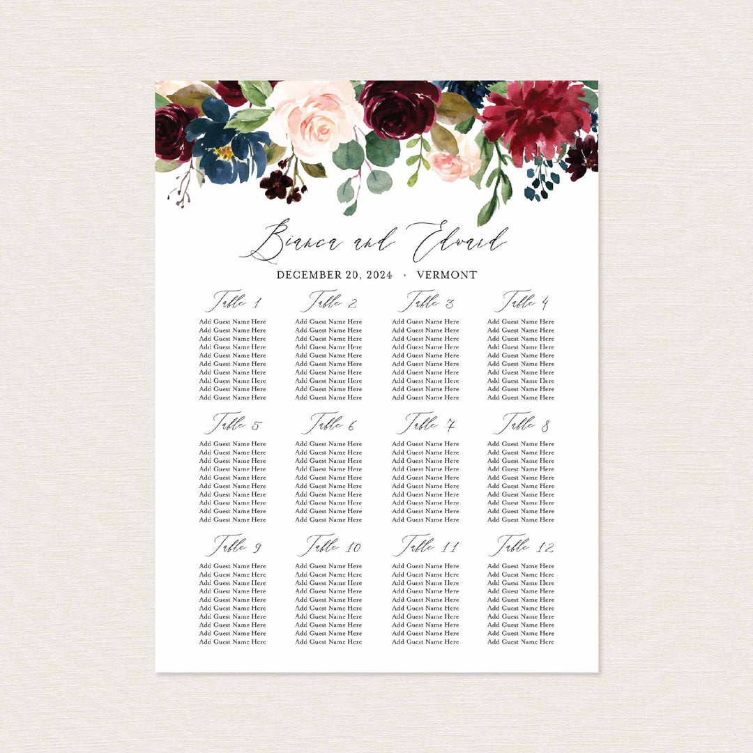 Burgundy Navy Wedding Seating Chart Sign Printable