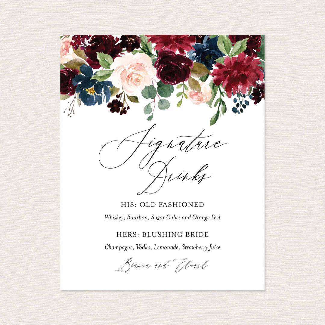 Burgundy Navy Wedding Signature Drinks Sign Printable