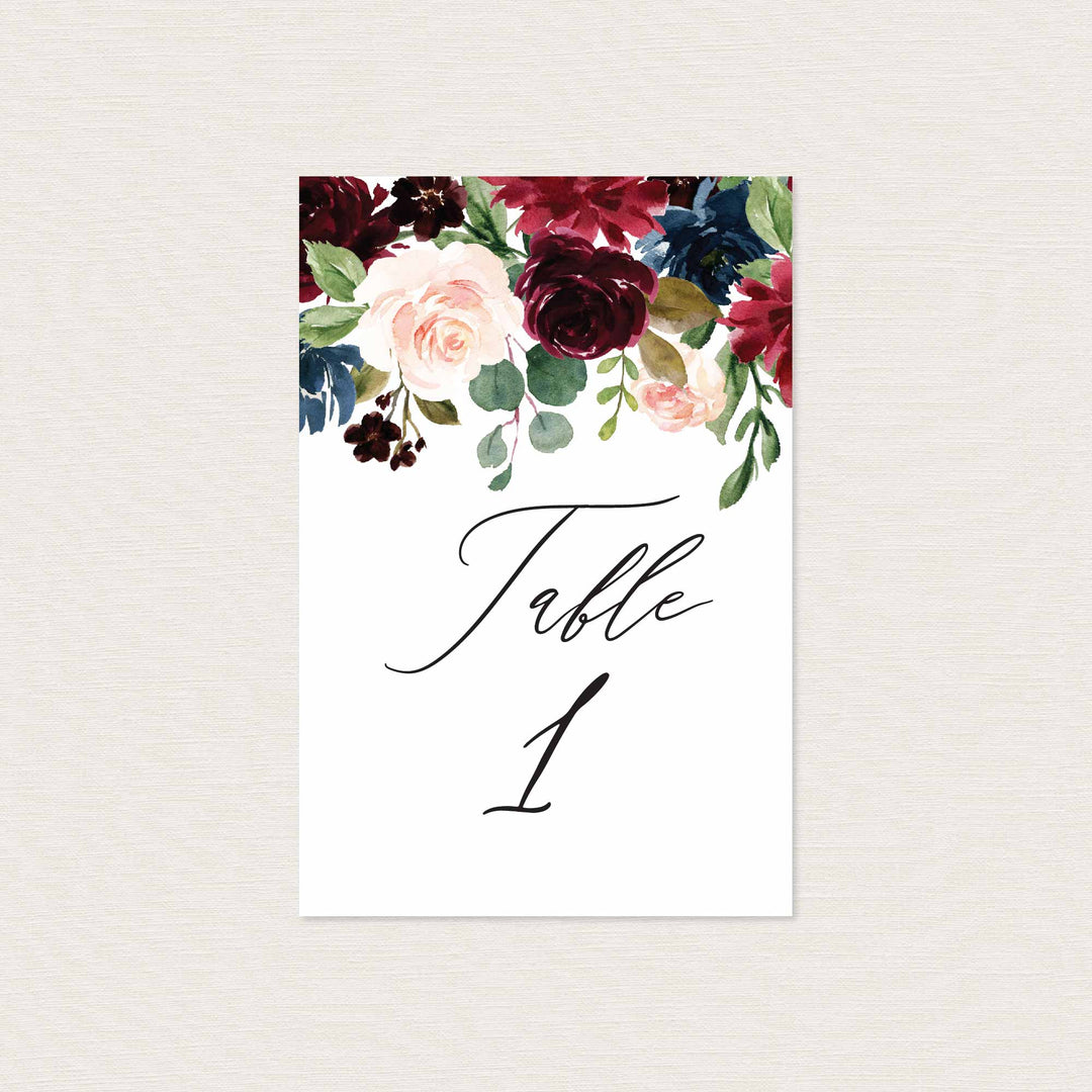 Burgundy Navy Wedding Table Number Printable