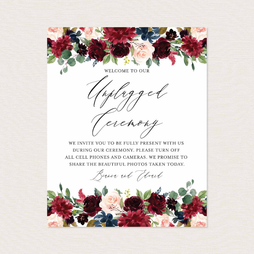 Burgundy Navy Wedding Unplugged Ceremony Sign Printable