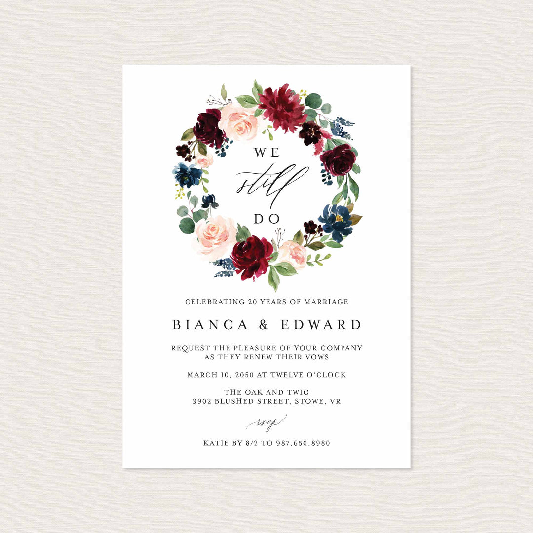 Burgundy Navy Wedding Vow Renewal Invitation Printable