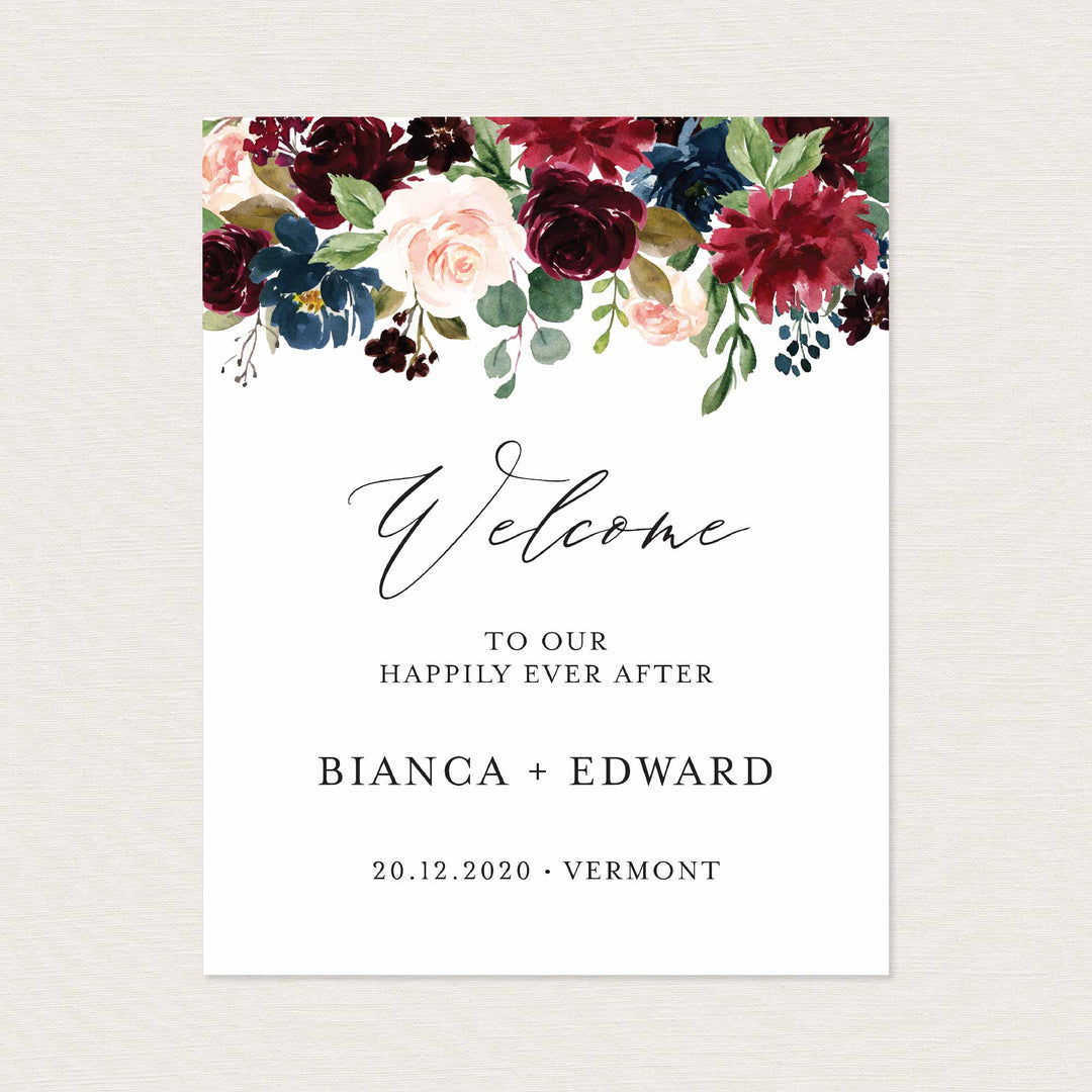 Burgundy Navy Wedding Welcome Sign Printable