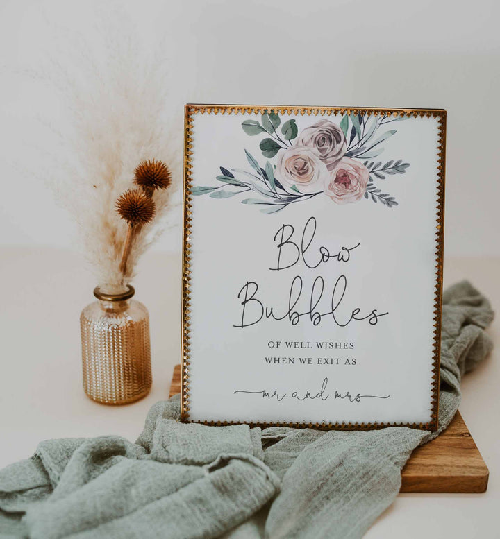 Boho Rose Wedding Blow Bubbles Sign Printable