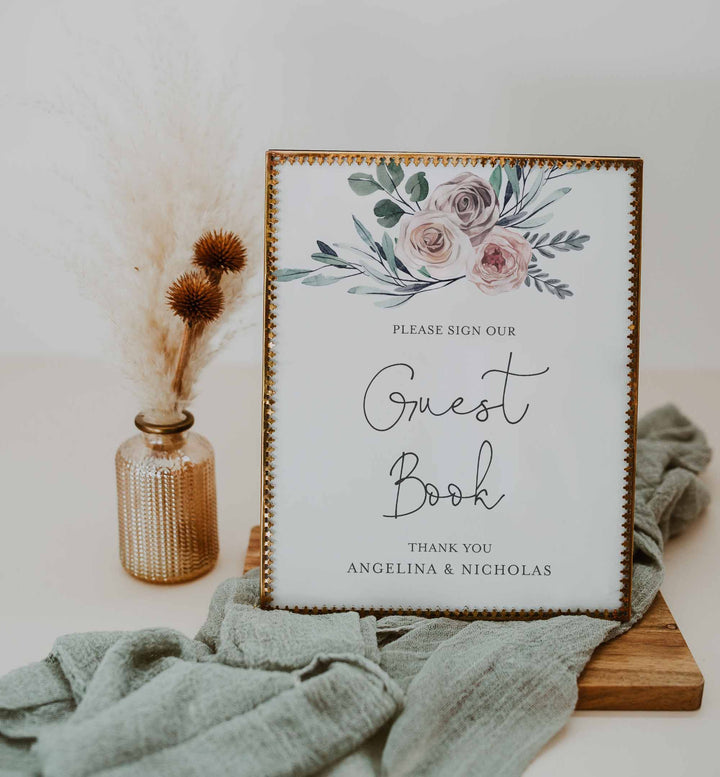 Boho Rose Wedding Guestbook Sign Printable