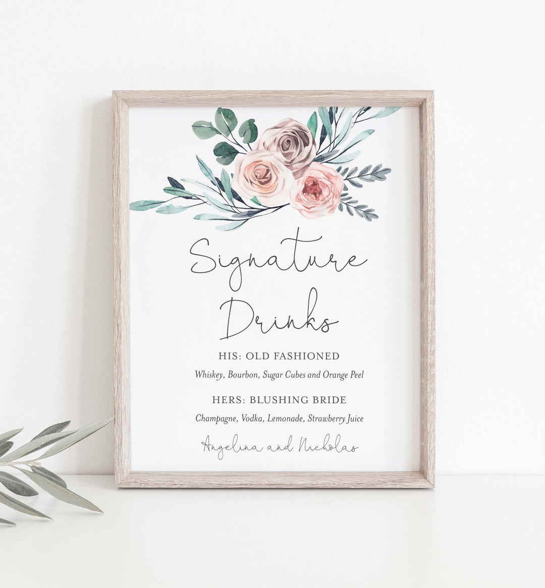 Boho Rose Wedding Signature Drinks Sign Printable
