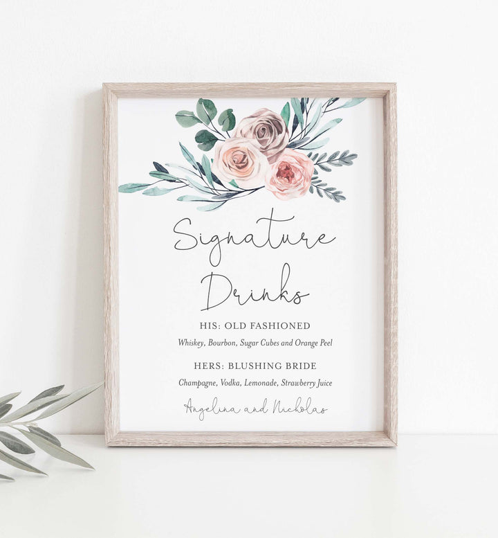 Boho Rose Wedding Signature Drinks Sign Printable
